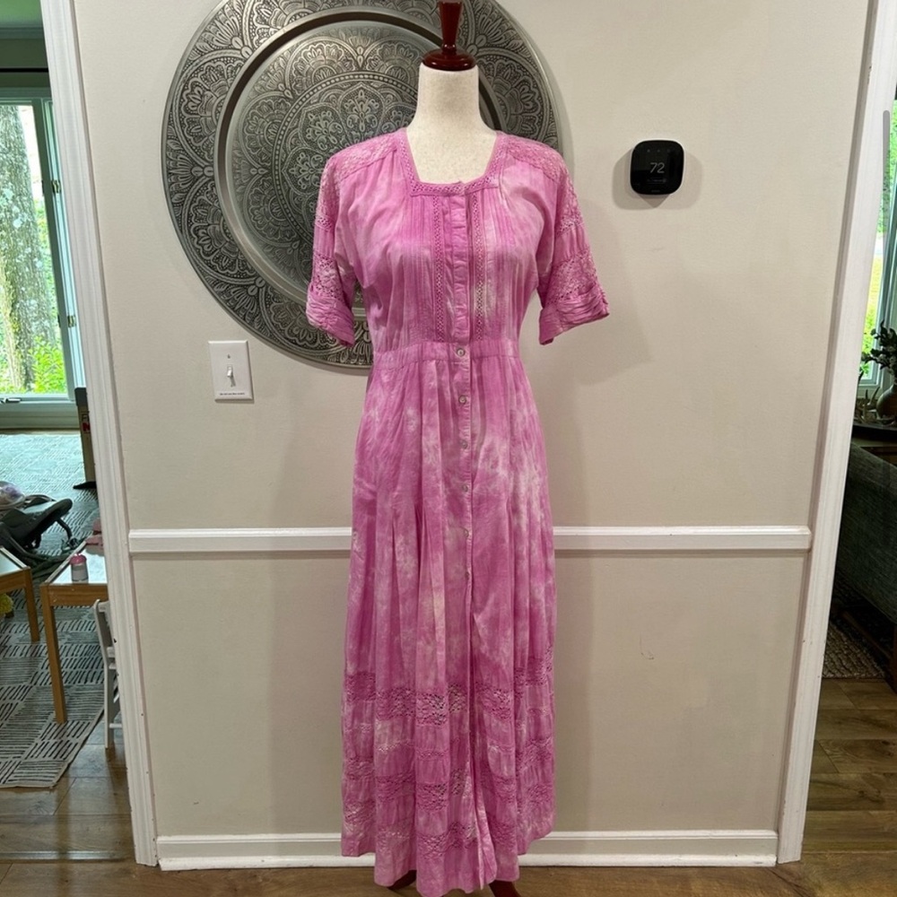 Love Shack Fancy Edie Lace Short Sleeve Midi Shirt Dress size M Pink
